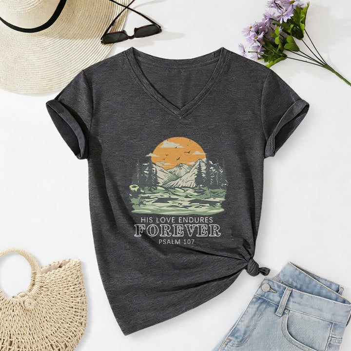 Christianartworkshop Il suo amore dura per sempre Salmo 107 Maglietta casual con scollo a V e stampa di paesaggio montano - Grigio scuro - 2XL - image 0