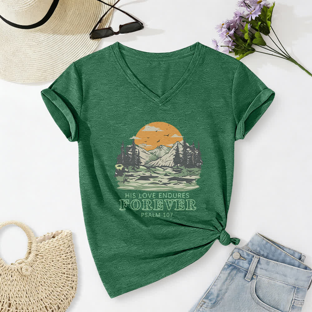 Christianartworkshop Il suo amore dura per sempre Salmo 107 Maglietta casual con scollo a V e stampa di paesaggio montano - Verde scuro - 2XL - image 10