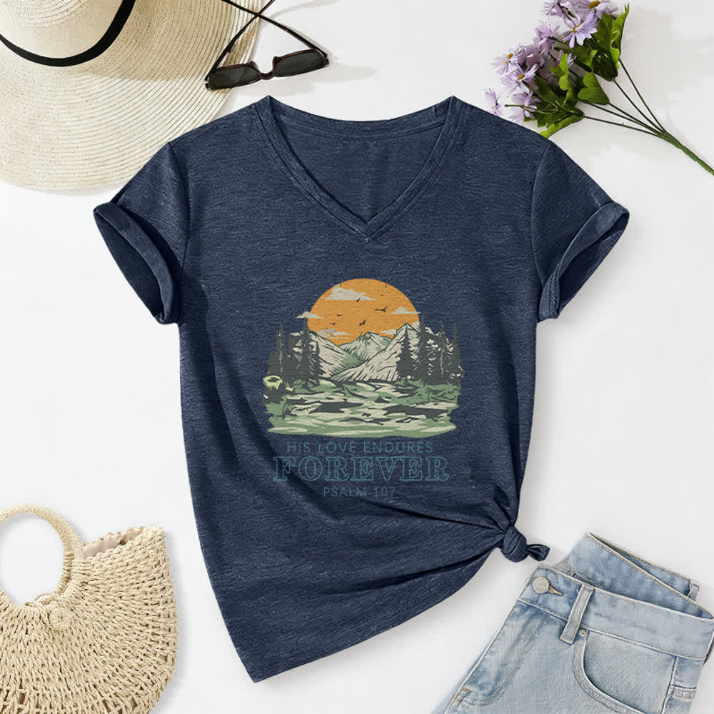 Christianartworkshop Il suo amore dura per sempre Salmo 107 Maglietta casual con scollo a V e stampa di paesaggio montano - Blu navy - 2XL - image 8