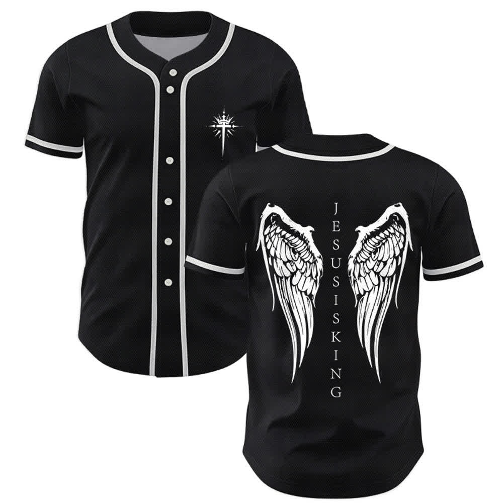 Christianartworkshop Gesù è Re Ali d'angelo Croce Dichiarazione di fede Maglia da baseball personalizzata - Nero - 5XL - image 0