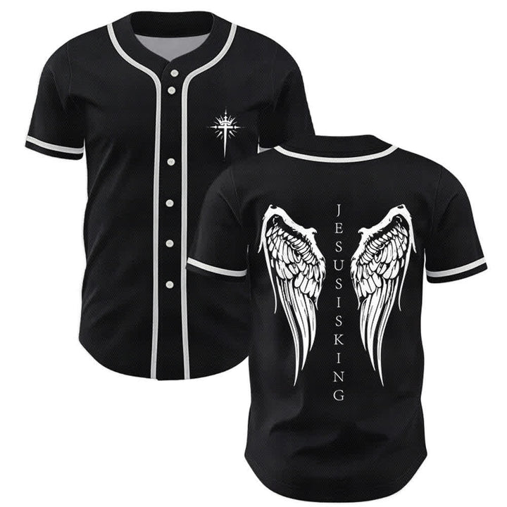 Christianartworkshop Gesù è Re Ali d'angelo Croce Dichiarazione di fede Maglia da baseball personalizzata - Nero - 5XL - image 0