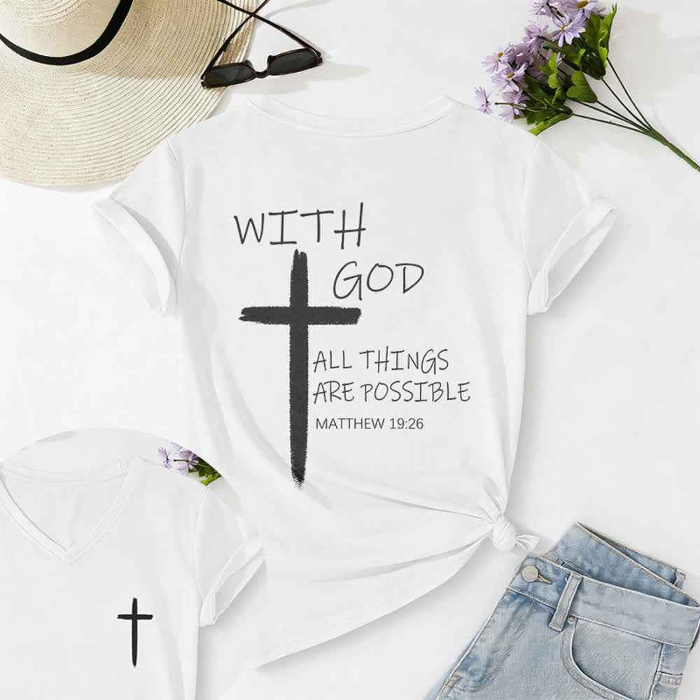 Christianartworkshop Maglietta casual con scollo a V e stampa della croce su entrambi i lati: "Con Dio tutto è possibile" (Matteo 19:26). - Bianco - 2XL - image 10