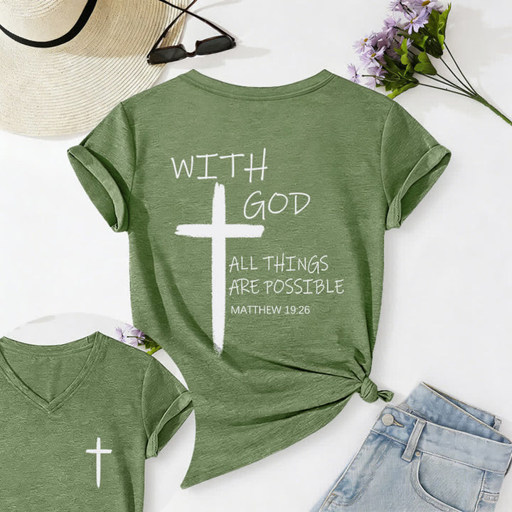 Christianartworkshop Maglietta casual con scollo a V e stampa della croce su entrambi i lati: "Con Dio tutto è possibile" (Matteo 19:26). - Verde oliva - 2XL - image 20