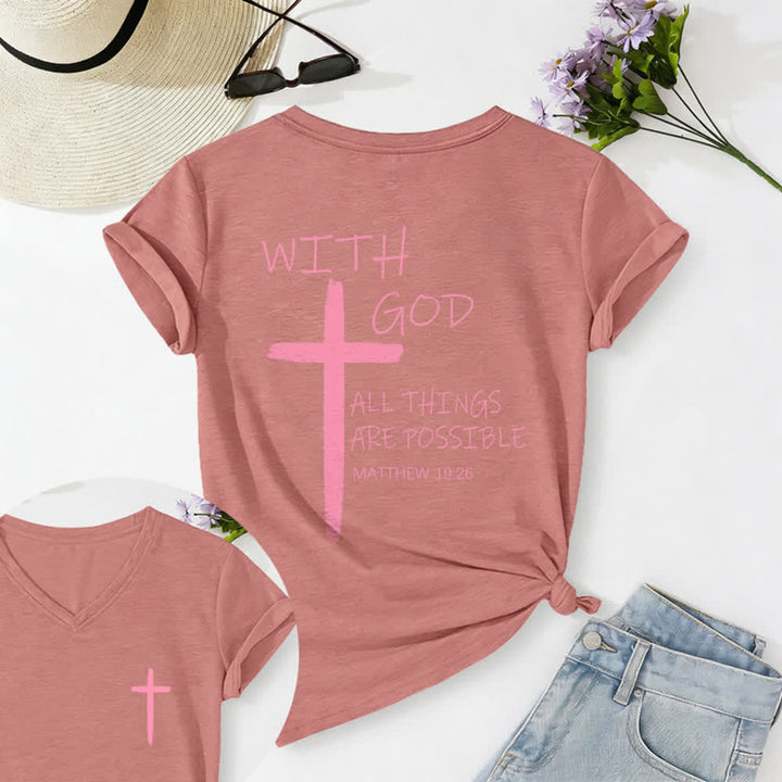 Christianartworkshop Maglietta casual con scollo a V e stampa della croce su entrambi i lati: "Con Dio tutto è possibile" (Matteo 19:26). - Rosa chiaro - 2XL - image 45