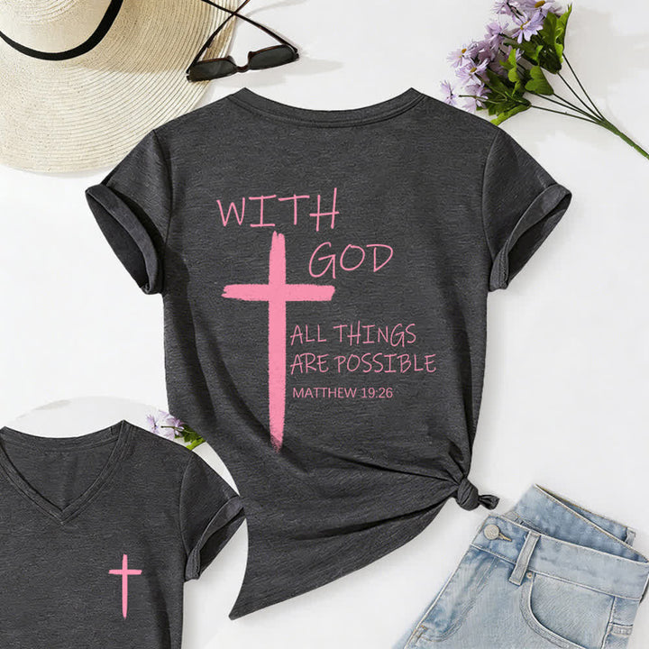 Christianartworkshop Maglietta casual con scollo a V e stampa della croce su entrambi i lati: "Con Dio tutto è possibile" (Matteo 19:26). - Grigio scuro - 2XL - image 15