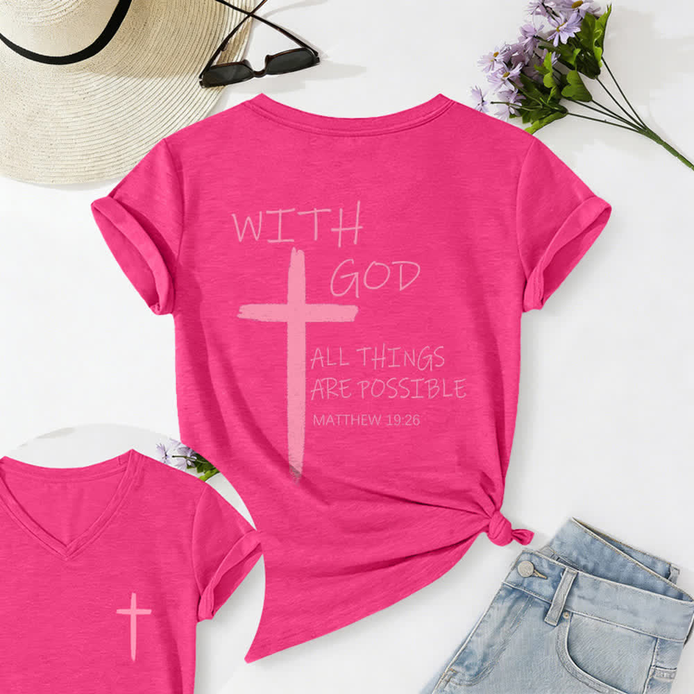 Christianartworkshop Maglietta casual con scollo a V e stampa della croce su entrambi i lati: "Con Dio tutto è possibile" (Matteo 19:26). - Rosa - 2XL - image 55
