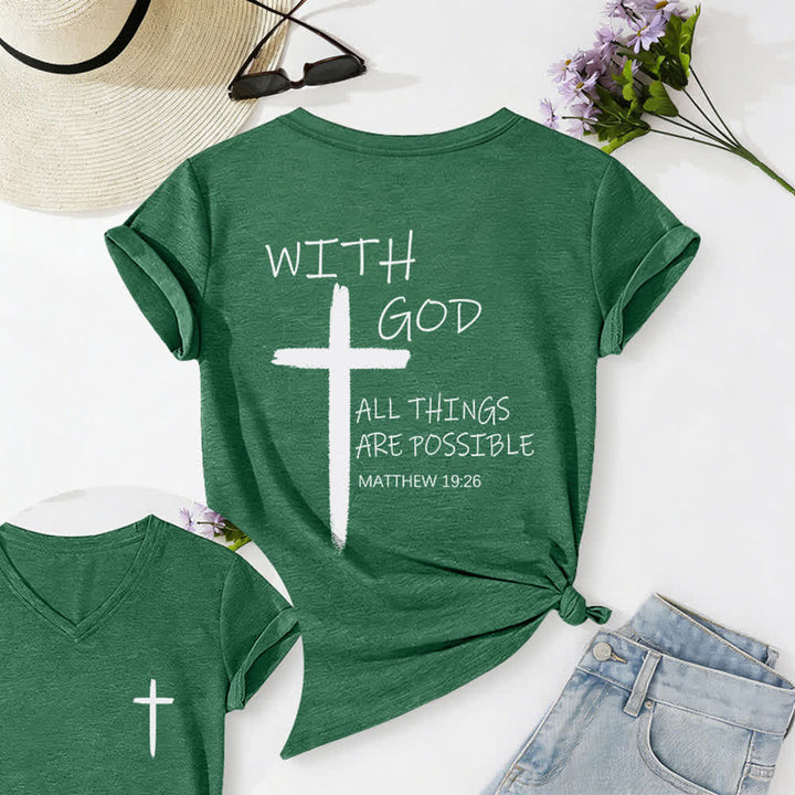 Christianartworkshop Maglietta casual con scollo a V e stampa della croce su entrambi i lati: "Con Dio tutto è possibile" (Matteo 19:26). - Verde scuro - 2XL - image 25