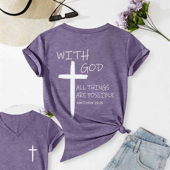 Christianartworkshop Maglietta casual con scollo a V e stampa della croce su entrambi i lati: "Con Dio tutto è possibile" (Matteo 19:26). - Viola - 2XL - image 40