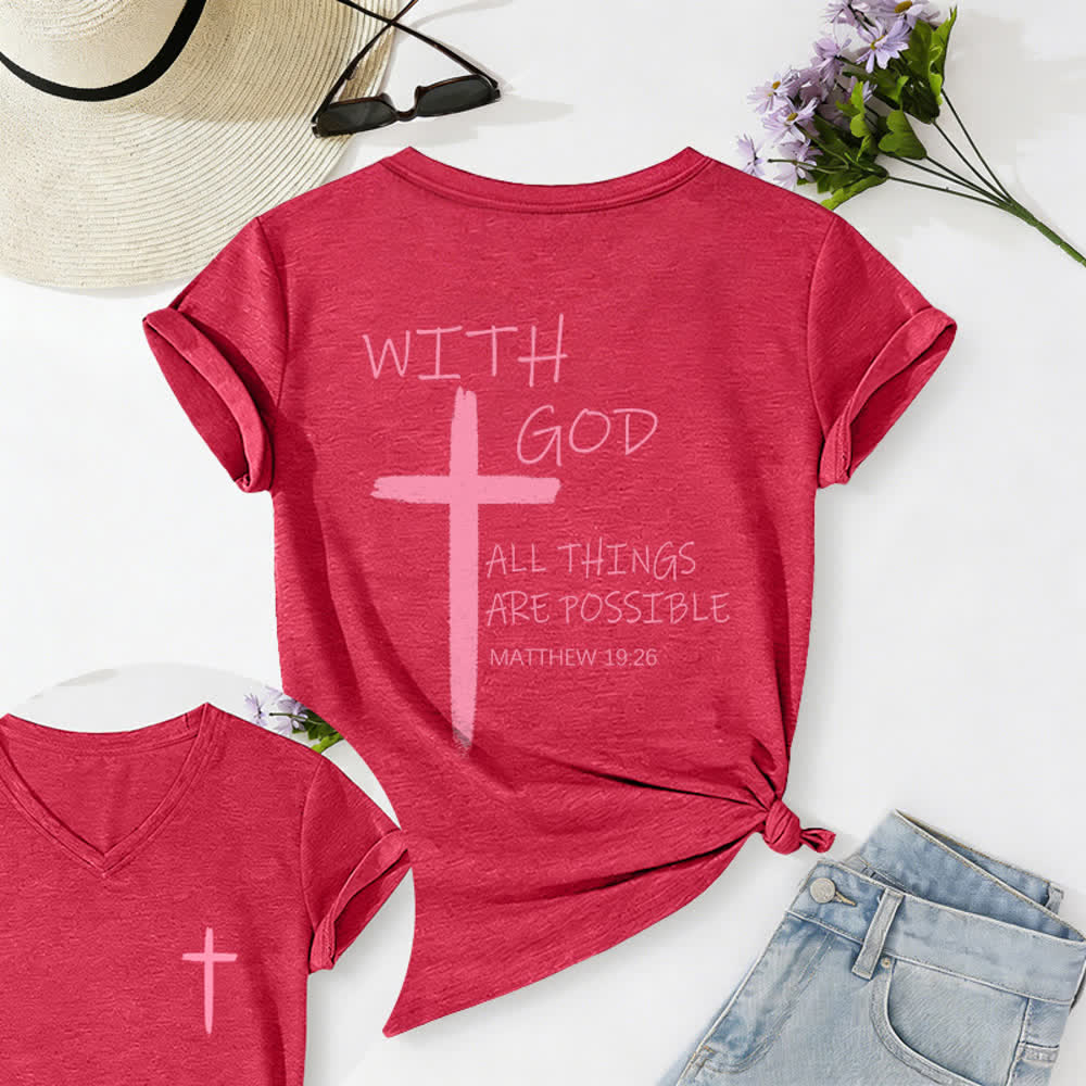 Christianartworkshop Maglietta casual con scollo a V e stampa della croce su entrambi i lati: "Con Dio tutto è possibile" (Matteo 19:26). - Rosso - 2XL - image 35
