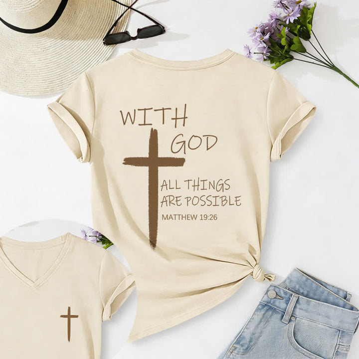 Christianartworkshop Maglietta casual con scollo a V e stampa della croce su entrambi i lati: "Con Dio tutto è possibile" (Matteo 19:26). - Beige - 2XL - image 5