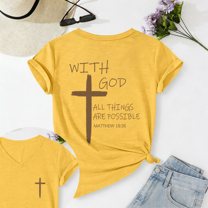 Christianartworkshop Maglietta casual con scollo a V e stampa della croce su entrambi i lati: "Con Dio tutto è possibile" (Matteo 19:26). - Giallo - 2XL - image 60