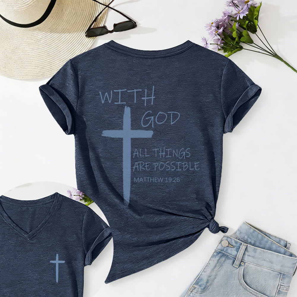 Christianartworkshop Maglietta casual con scollo a V e stampa della croce su entrambi i lati: "Con Dio tutto è possibile" (Matteo 19:26). - Blu navy - 2XL - image 0