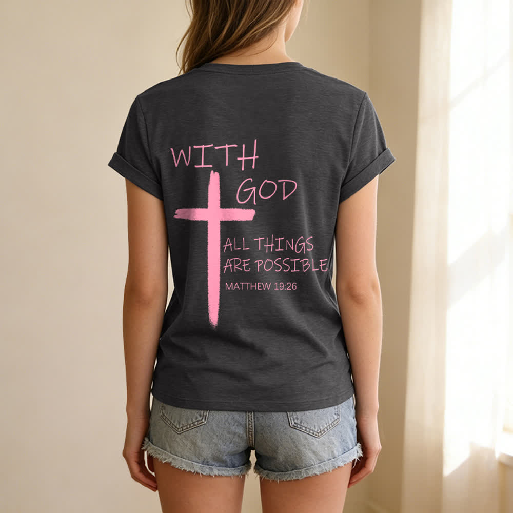 Christianartworkshop Maglietta casual con scollo a V e stampa della croce su entrambi i lati: "Con Dio tutto è possibile" (Matteo 19:26). - image 18