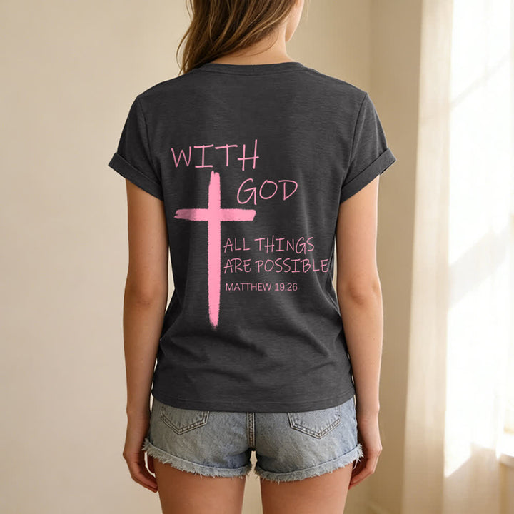 Christianartworkshop Maglietta casual con scollo a V e stampa della croce su entrambi i lati: "Con Dio tutto è possibile" (Matteo 19:26). - image 18