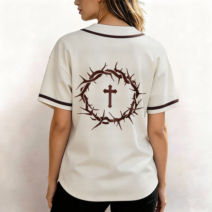Christianartworkshop Fede al di sopra della paura Deuteronomio 3:22 Maglia da baseball con corona di spine e croce - image 18