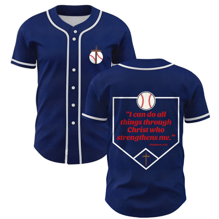 Christianartworkshop Filippesi 4:13 Maglia da baseball della fede: Maglia da baseball con croce, motto, forza e devozione - Blu navy - 5XL - image 0