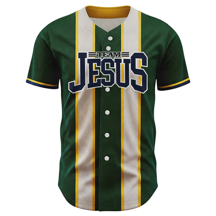 Christianartworkshop Maglia da baseball personalizzata con nome e numero della squadra di Gesù a righe con bottoni - image 1