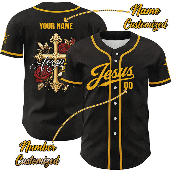 Christianartworkshop Maglia da baseball unisex personalizzata con croce dorata e rosa rossa "Gesù perdona" - 5XL - Nome & Numero personalizzati - image 0