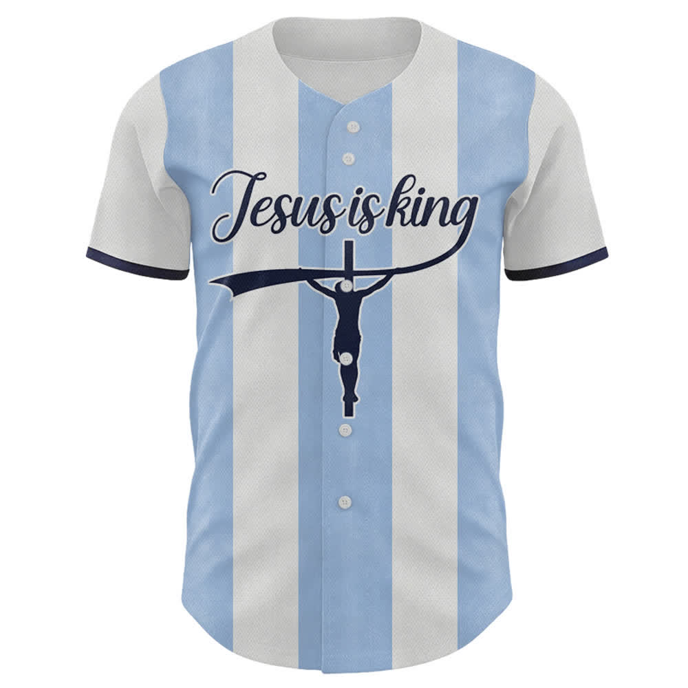 Maglia da baseball a righe con stampa a croce "Gesù è Re" personalizzata con nome e numero Christianartworkshop. - image 1