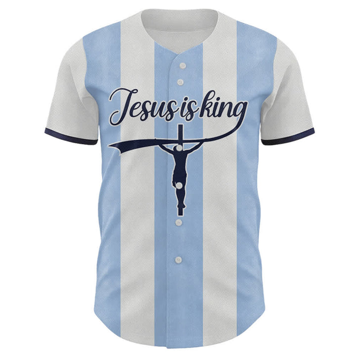 Maglia da baseball a righe con stampa a croce "Gesù è Re" personalizzata con nome e numero Christianartworkshop. - image 1