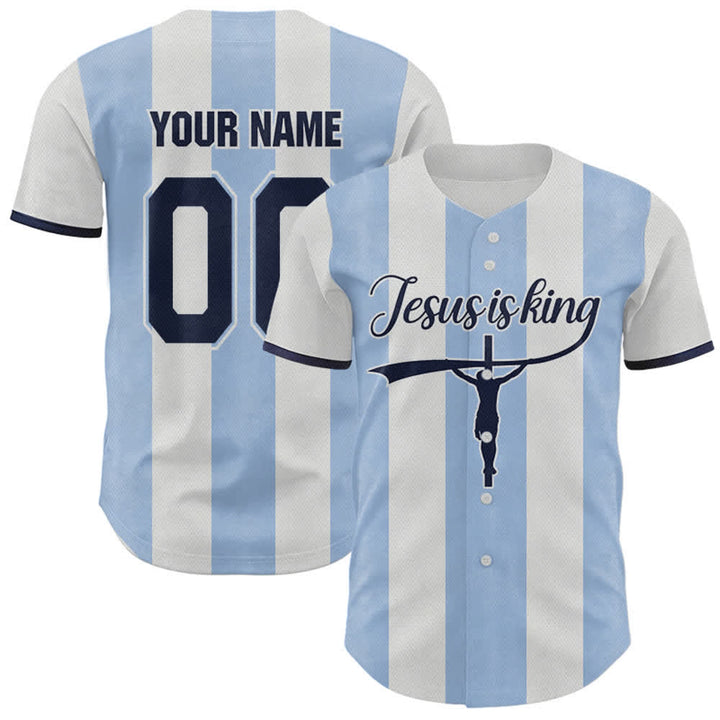 Maglia da baseball a righe con stampa a croce "Gesù è Re" personalizzata con nome e numero Christianartworkshop. - 5XL - Nome & Numero personalizzati - image 0