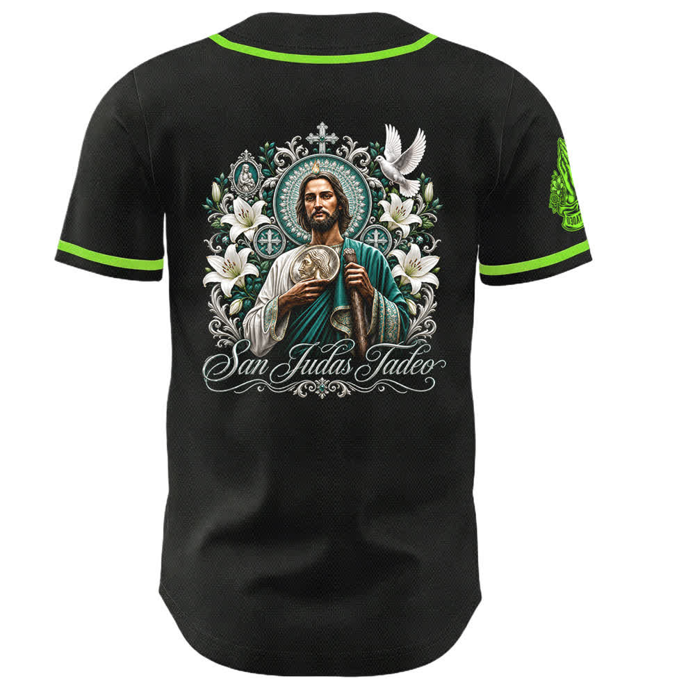 Christianartworkshop Fronte Verticale Santo Rosario Santa Grafica Retro Giglio Colomba Santa Ritratto Maglia da baseball con bottoni - image 2