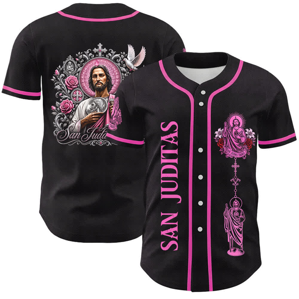 Christianartworkshop Fronte Verticale Santo Rosario Santa Grafica Retro Giglio Colomba Santa Ritratto Maglia da baseball con bottoni - Nero - Rosa - 5XL - image 3