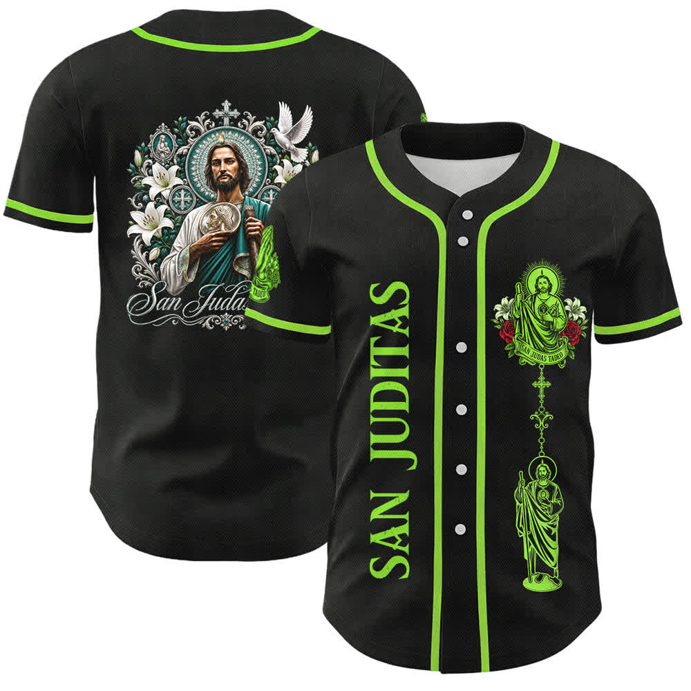 Christianartworkshop Fronte Verticale Santo Rosario Santa Grafica Retro Giglio Colomba Santa Ritratto Maglia da baseball con bottoni - Nero - Verde - 5XL - image 0