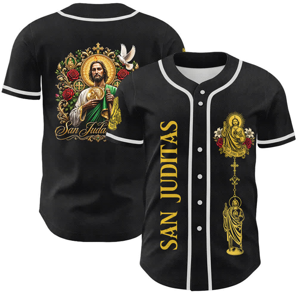 Christianartworkshop Fronte Verticale Santo Rosario Santa Grafica Retro Giglio Colomba Santa Ritratto Maglia da baseball con bottoni - Nero - Giallo - 5XL - image 6