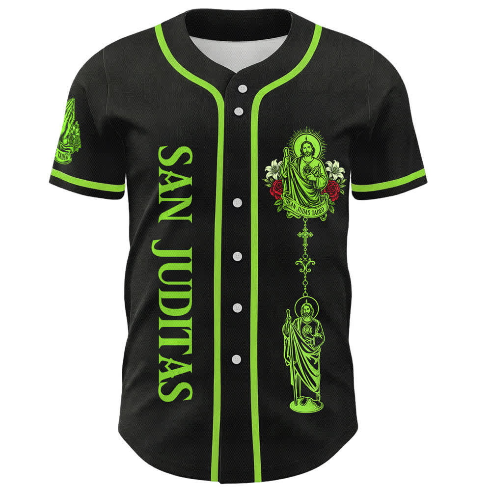 Christianartworkshop Fronte Verticale Santo Rosario Santa Grafica Retro Giglio Colomba Santa Ritratto Maglia da baseball con bottoni - image 1