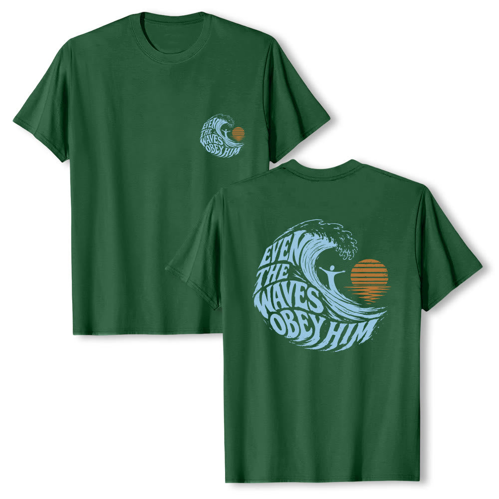 Christianartworkshop Anche le onde gli obbediscono - T-shirt classica con grafica a onda su entrambi i lati - Verde scuro - 2XL - image 15