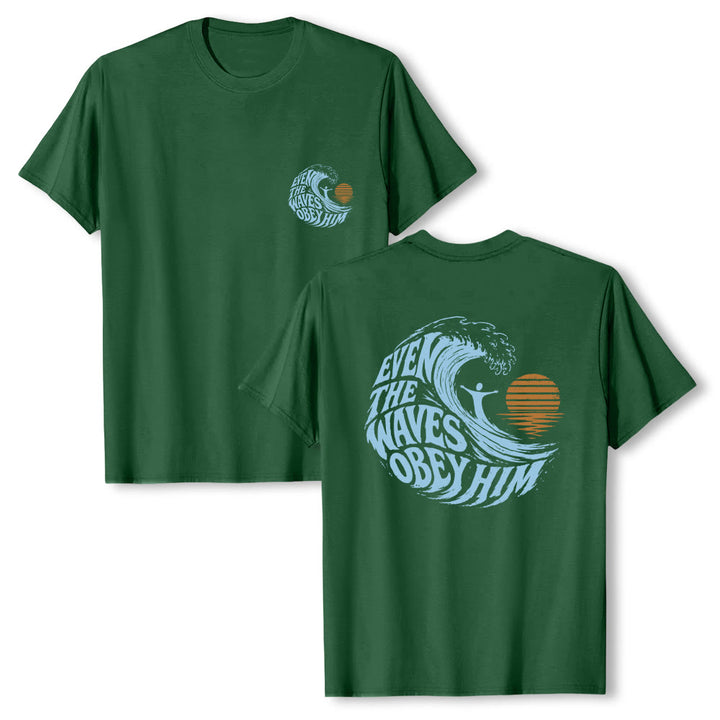 Christianartworkshop Anche le onde gli obbediscono - T-shirt classica con grafica a onda su entrambi i lati - Verde scuro - 2XL - image 15