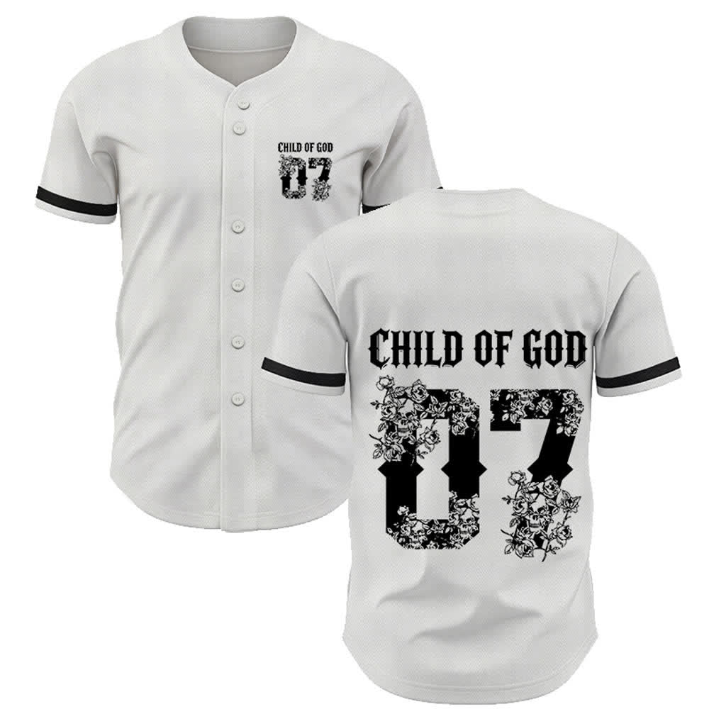 Maglia da baseball numero 07 con bottoni e stampa floreale "Figlio di Dio" Christianartworkshop - Bianco - 5XL - image 7