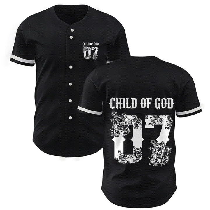 Maglia da baseball numero 07 con bottoni e stampa floreale "Figlio di Dio" Christianartworkshop - Nero - 5XL - image 0