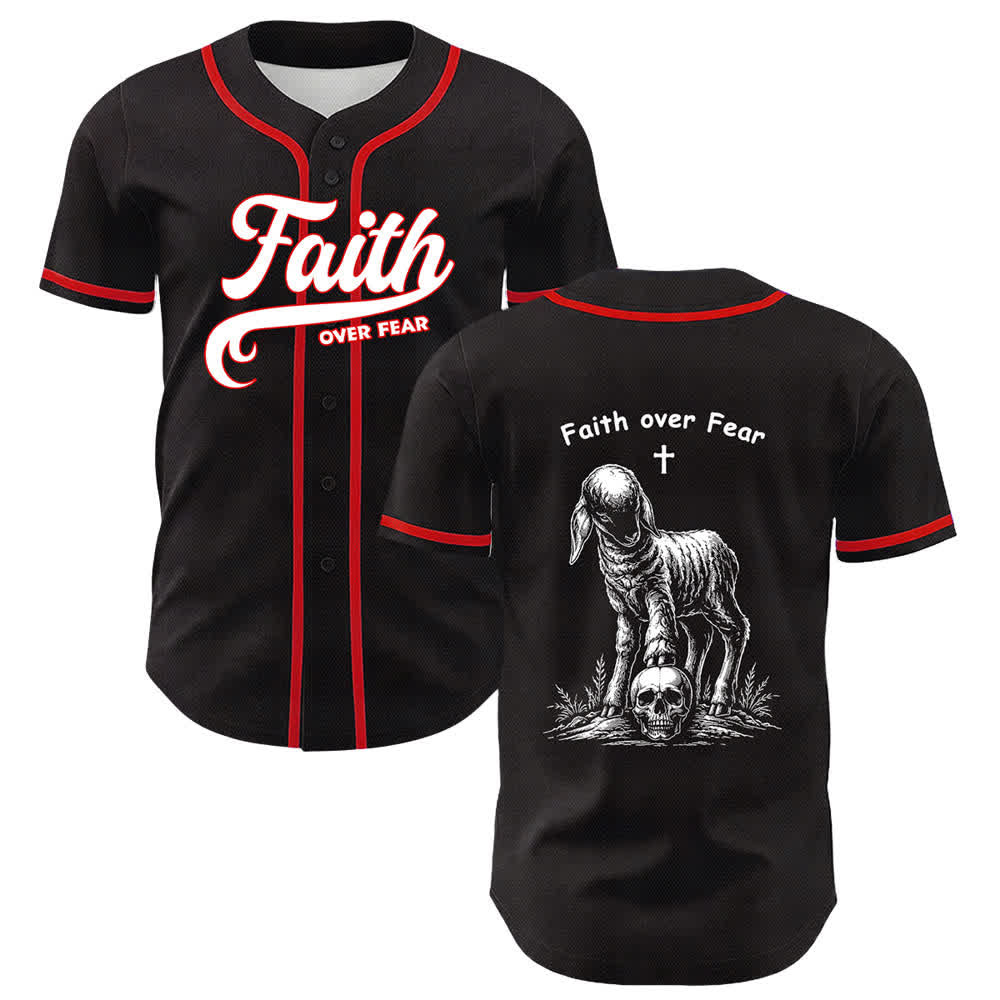 Christianartworkshop Faith Over Fear Agnello Croce Teschio Grafica Maglia da baseball unisex - Rosso - 5XL - image 3