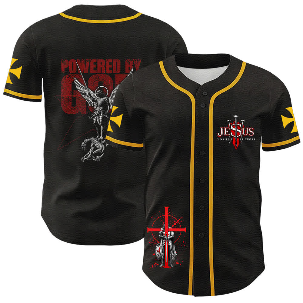 Christianartworkshop Powered By God Warrior Angel Knight Cross Maglia da baseball cristiana - Giallo - 5XL - image 3