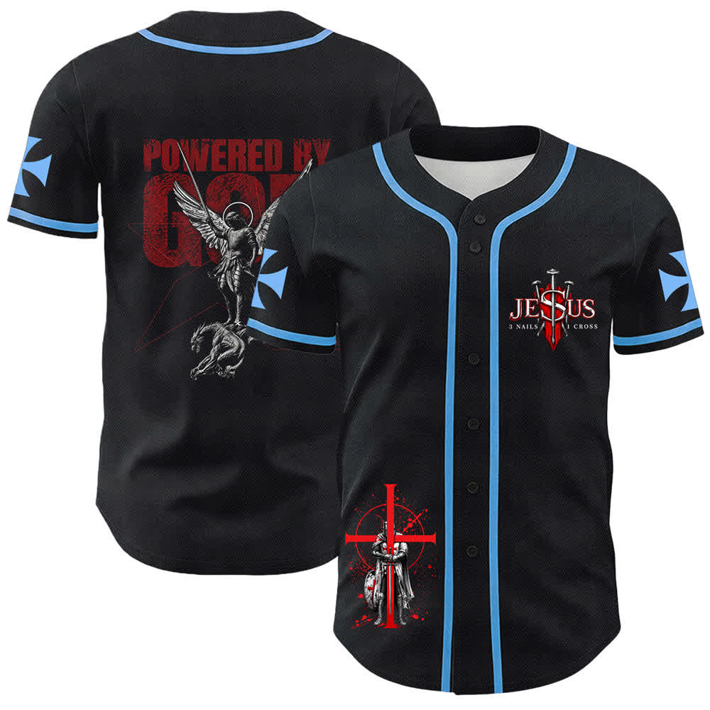Christianartworkshop Powered By God Warrior Angel Knight Cross Maglia da baseball cristiana - Blu - 5XL - image 9