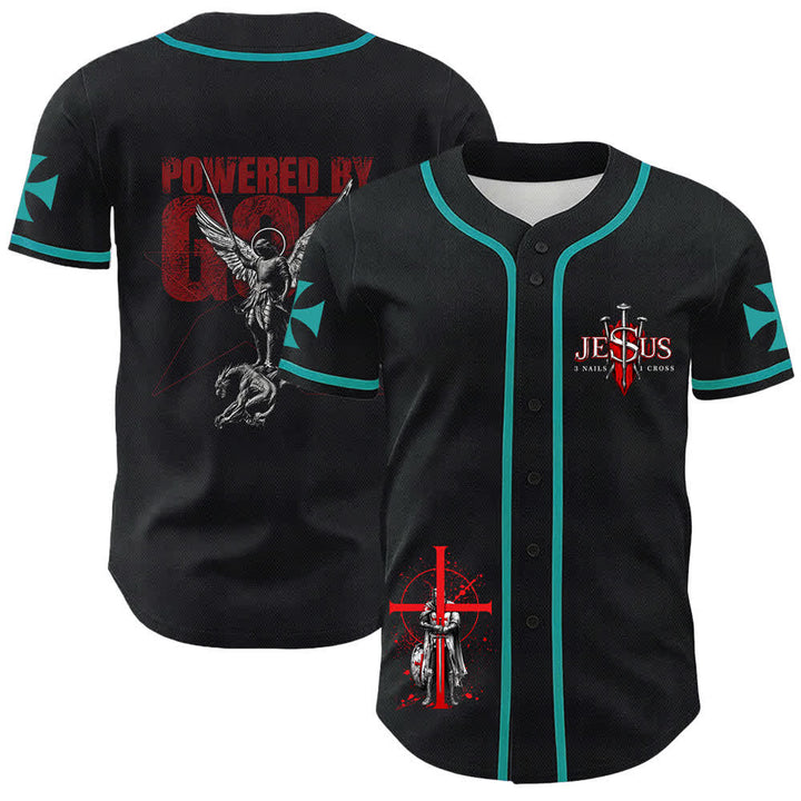 Christianartworkshop Powered By God Warrior Angel Knight Cross Maglia da baseball cristiana - Verde scuro - 5XL - image 6