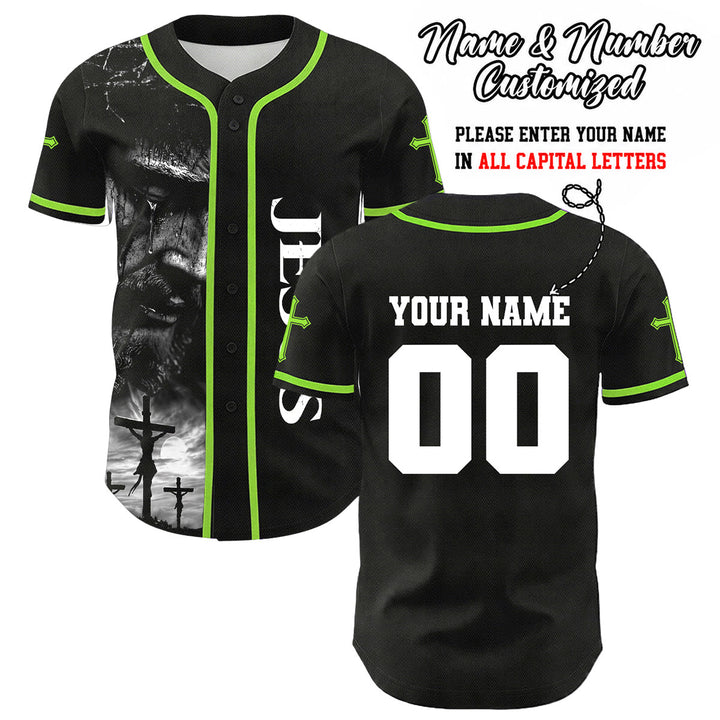 Christianartworkshop Maglia da baseball unisex con croce personalizzata con nome e numero della crocifissione di Gesù - Verde chiaro - 5XL - image 4