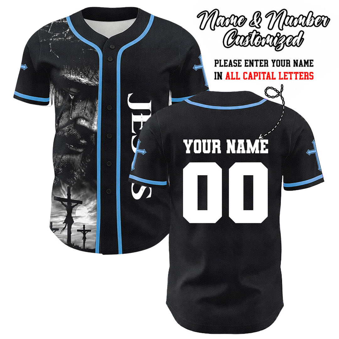 Christianartworkshop Maglia da baseball unisex con croce personalizzata con nome e numero della crocifissione di Gesù - Blu - 5XL - image 12