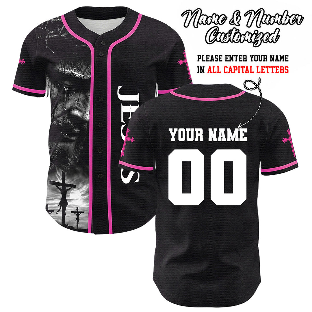 Christianartworkshop Maglia da baseball unisex con croce personalizzata con nome e numero della crocifissione di Gesù - Rosa - 5XL - image 16