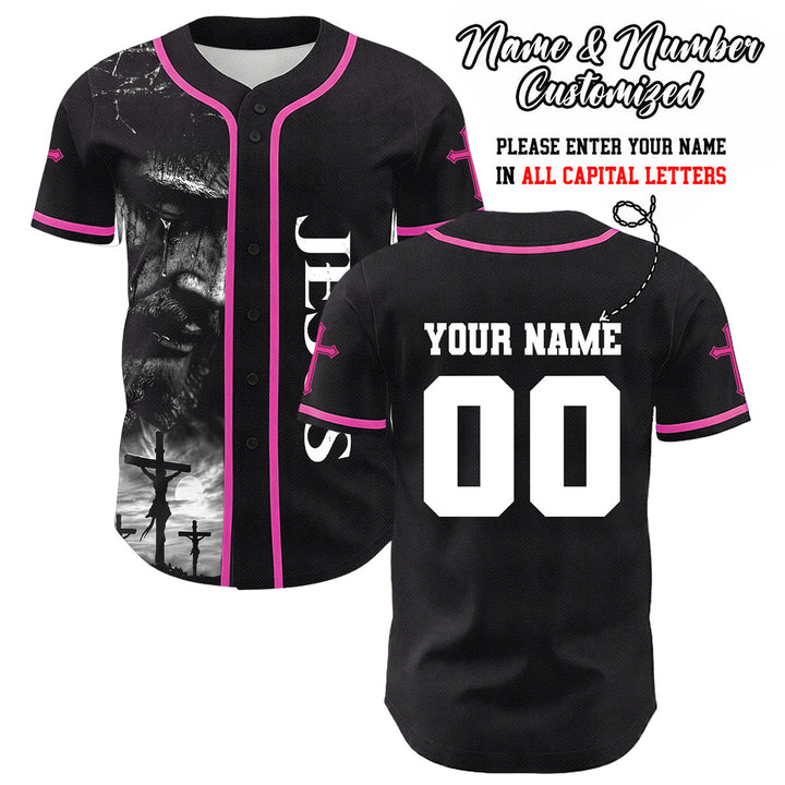 Christianartworkshop Maglia da baseball unisex con croce personalizzata con nome e numero della crocifissione di Gesù - Rosa - 5XL - image 16