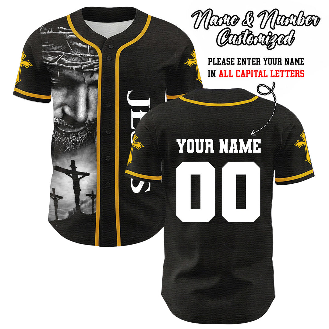 Christianartworkshop Corona di spine Gesù Maglia da baseball unisex personalizzata con nome, numero e croce - Giallo - 5XL - Nome & Numero personalizzati - image 8