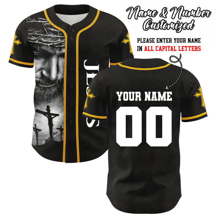 Christianartworkshop Corona di spine Gesù Maglia da baseball unisex personalizzata con nome, numero e croce - Giallo - 5XL - Nome & Numero personalizzati - image 8