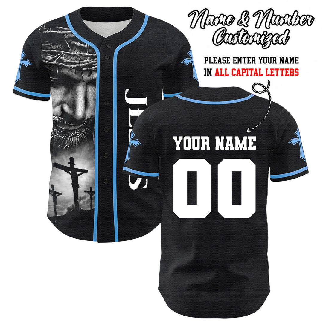 Christianartworkshop Corona di spine Gesù Maglia da baseball unisex personalizzata con nome, numero e croce - Blu - 5XL - Nome & Numero personalizzati - image 12