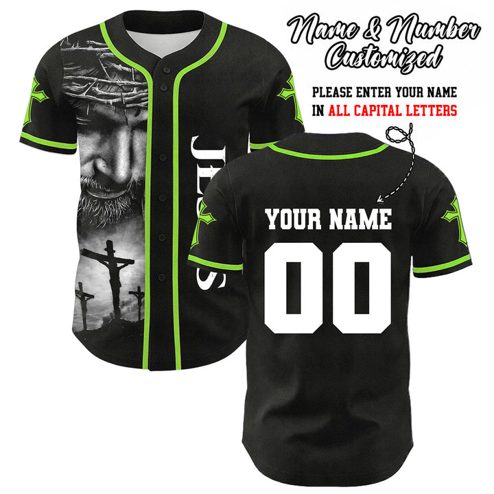 Christianartworkshop Corona di spine Gesù Maglia da baseball unisex personalizzata con nome, numero e croce - Verde chiaro - 5XL - Nome & Numero personalizzati - image 24