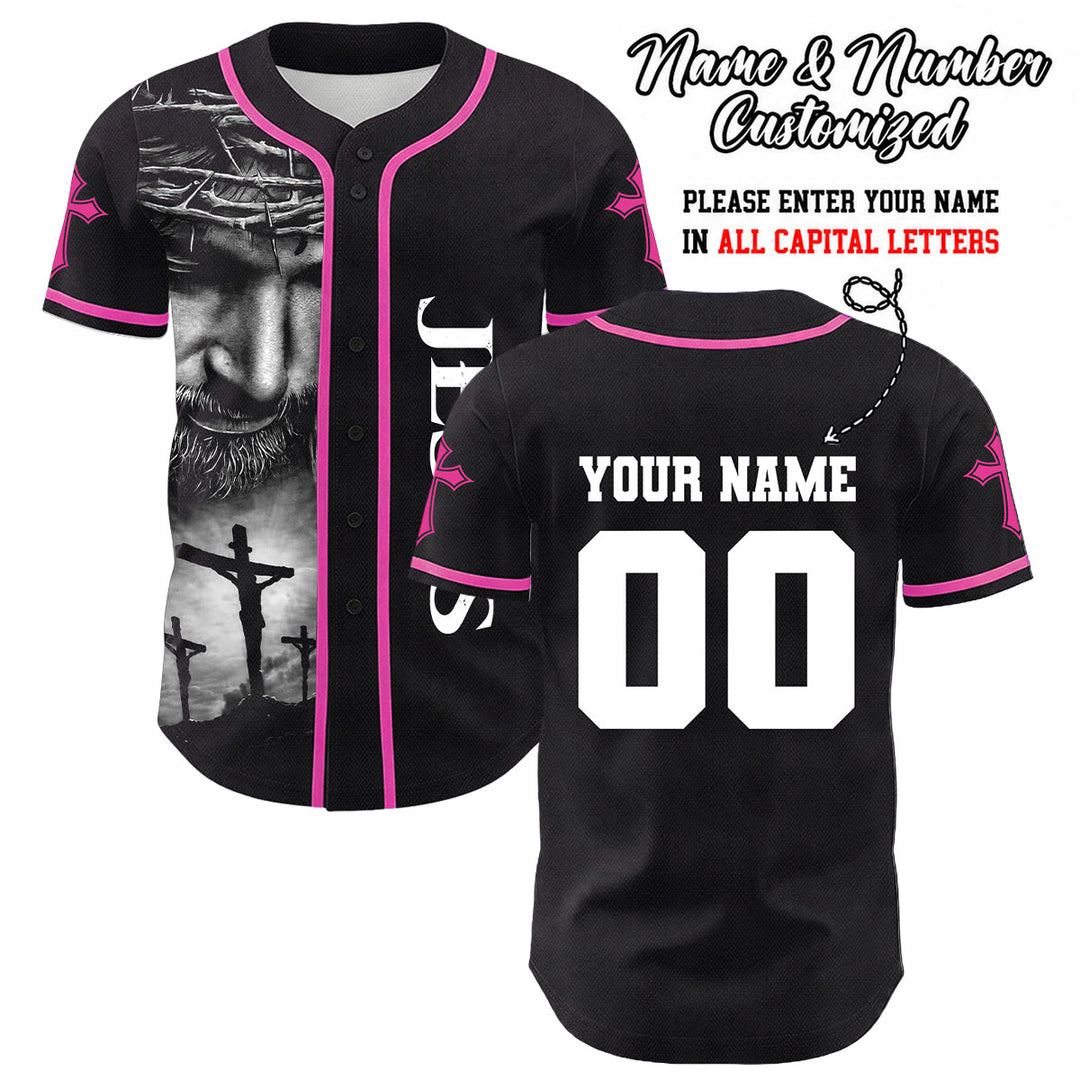 Christianartworkshop Corona di spine Gesù Maglia da baseball unisex personalizzata con nome, numero e croce - Rosa - 5XL - Nome & Numero personalizzati - image 16