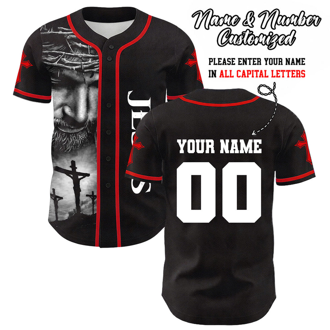 Christianartworkshop Corona di spine Gesù Maglia da baseball unisex personalizzata con nome, numero e croce - Rosso - 5XL - Nome & Numero personalizzati - image 4