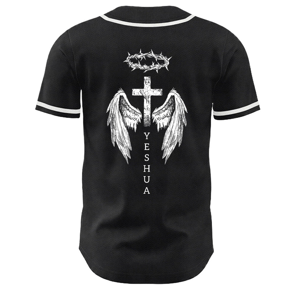 Christianartworkshop Yeshua Corona di Spine Croce Ali d'Angelo Maglia da baseball unisex - image 1