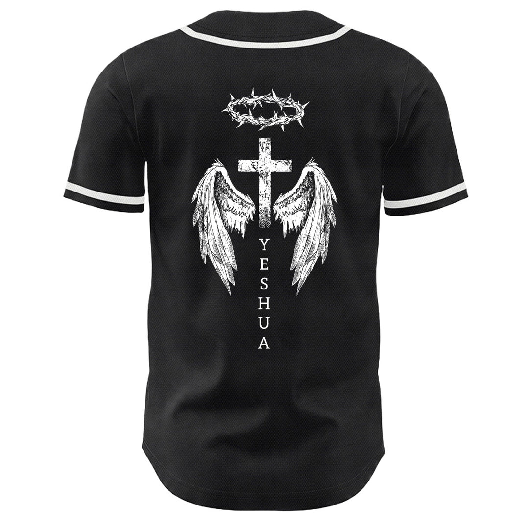 Christianartworkshop Yeshua Corona di Spine Croce Ali d'Angelo Maglia da baseball unisex - image 1